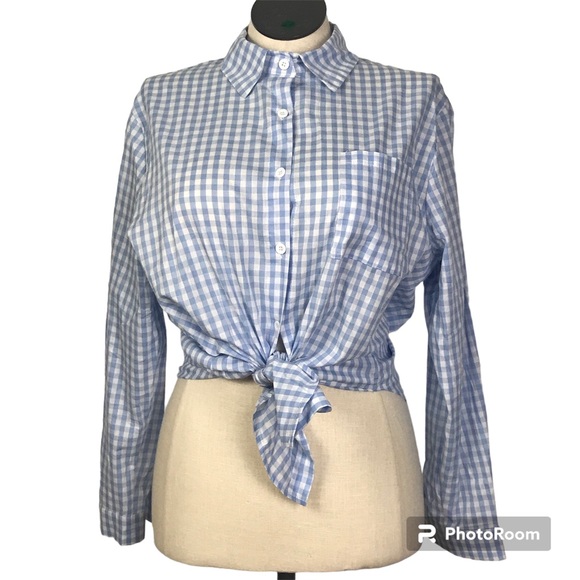 E. Retro Button Down High Low Blouse Women’s Size XXL Blue / White Long Sleeve - Picture 2 of 14